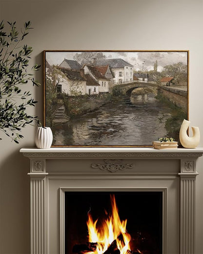 InSimSea Framed Canvas Wall Art Vintage Decor, Riverside Small Town Large Canvas Prints Home Decor, Rustic Farmhouse Hanging Wall Decor for Bedroom Living Room, 24"x36"
