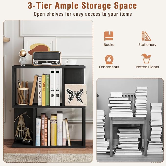 Tangkula 3 Tier Geometric Bookshelf, S Shaped Open Bookcase with Storage, Home Office Decor, Freestanding Wood Display Shelf for Living Room Study, Small Bookshelf for Small Spaces (1, Black)