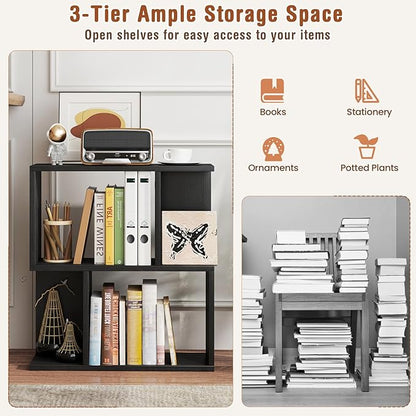 Tangkula 3 Tier Geometric Bookshelf, S Shaped Open Bookcase with Storage, Home Office Decor, Freestanding Wood Display Shelf for Living Room Study, Small Bookshelf for Small Spaces (2, Black)