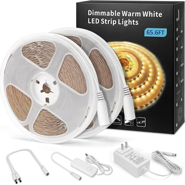 MYPLUS Under Cabinet Lighting Kit, 65.6Ft Dimmable Led Strip Lights with 1200 LEDs,24V, Low Power Safety Adapter, Flexible Tape Light for Kitchen Cabinet,Bedroom,Counter,Shelf (Warm White-3000k)
