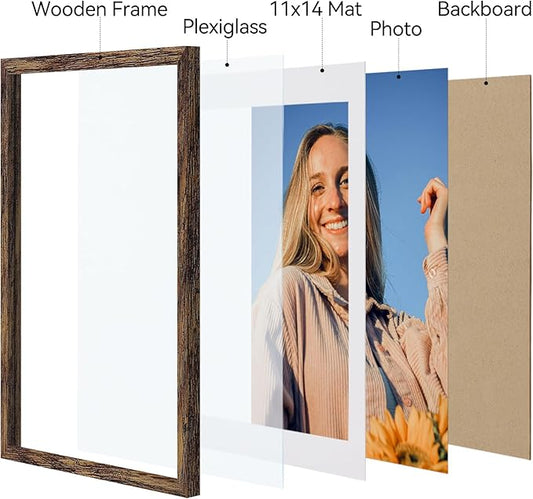 Vittanly 12x16 Picture Frames Set of 4, Display Pictures 11x14 with Mat or 12x16 without Mat, Gallery Frame for Wall Display, Engineered Wood with Shatter Resistant Plexiglass, Rustic Brown