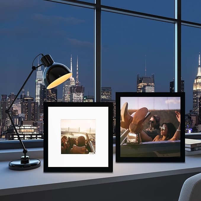 12x12 Picture Frame Set of 9, Display Pictures 8x8 with Mat or 12x12 without Mat, Multi Collage Gallery Square Photo Frames for Wall or Tabletop, Black