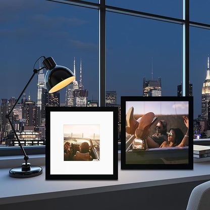 12x12 Picture Frame Set of 9, Display Pictures 8x8 with Mat or 12x12 without Mat, Multi Collage Gallery Square Photo Frames for Wall or Tabletop, Black