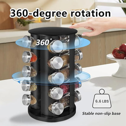 EBIZ&TECH 20-Jar Stainless Steel Rotating Spice Rack with Non-Slip Base - Kitchen Countertop Organizer for Easy Access and Storage of Spices (Black)