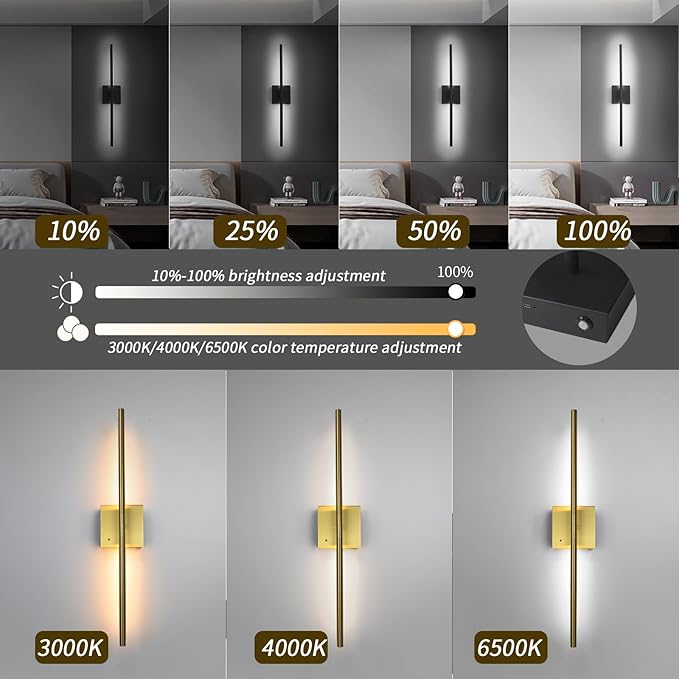 Battery Operated Wall Sconce Set of 2 Rechargeable Wireless Cordless 12000ma 360° Rotation Large Wall Lights lamp Modern Decor Linear Long Metal Gold 28