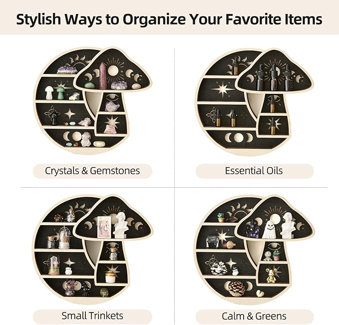 Crescent Moon Shelf with LED Light, Wooden Mushroom Shelf for Crystals Rocks Gems Healing Stones, Trinket Knick Knack Bohomian Witchy Wiccan Shelves Wall Mounted