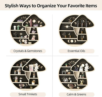 Crescent Moon Shelf with LED Light, Wooden Mushroom Shelf for Crystals Rocks Gems Healing Stones, Trinket Knick Knack Bohomian Witchy Wiccan Shelves Wall Mounted