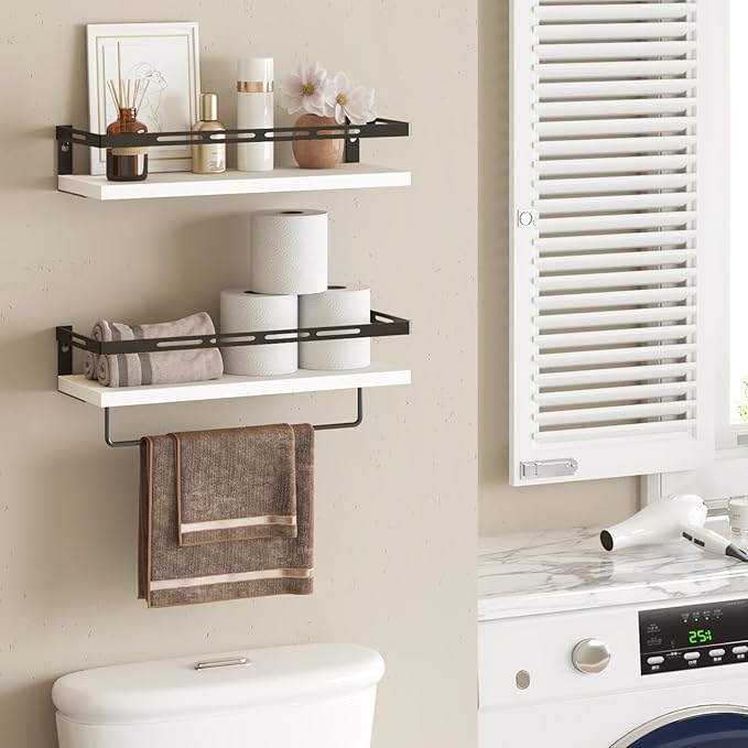 YGEOMER Floating Shelves for Bathroom Organizer Over Toilet, Wall Mounted Bathroom Shelves with Towel Bar, Wall Shelf for Bedroom Kitchen Living Room Storage (White-Black)