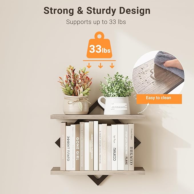 ELYKEN Floating Shelves for Wall, Set of 2 Hanging Shelves, 2-Tier Wall Mounted Storage Shelves for Books & Decor, Perfect for Living Room, Bedroom, Kitchen, Home Office, Study, Greige