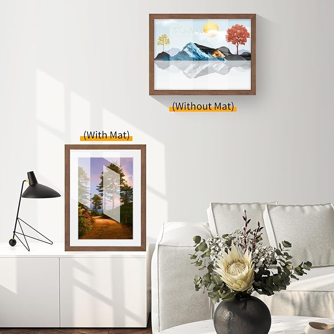 puthiac 13x19 Solid Oak Wood Picture Frame, Fits 11x17 with Mat or 13x19 Without Mat, Wall Display Only, Vertical or Horizontal, Plexi Front, 1 Pack, Walnut