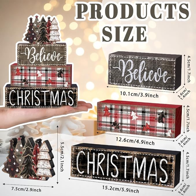 DIYDEC 4Pcs Christmas Table Decoration Christmas Tree Wooden Block Sign Xmas Tiered Tray Decor Winter Centerpiece Decorative Sign for Holiday Tabletop Coffee Fireplace Shelf Desk Party Decor