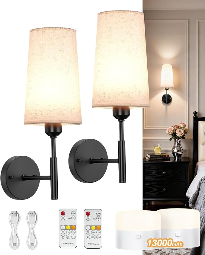 Battery Operated Wall Sconce, 13000mAh Wall Sconces Set of Two Battery Operated, Wireless Sconces Set of 2, Rechargeable Sconce with Remote, No Wire Wall Lamp/Light for Bedroom, Black
