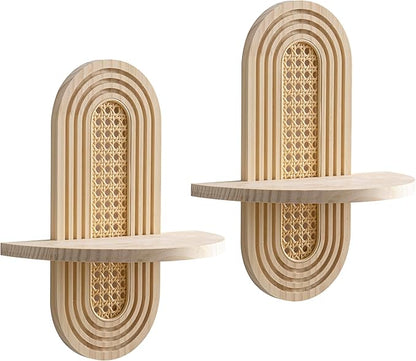 Wooden Arched Floating Shelf - Boho Decor Wall-Mouted Shelves Book Display Rattan Shelf for Bedroom Living Room Bathroom Nursery Home Office 14.5" x 11.6"
