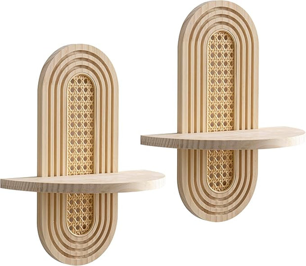 Wooden Arched Floating Shelf - Boho Decor Wall-Mouted Shelves Book Display Rattan Shelf for Bedroom Living Room Bathroom Nursery Home Office 14.5" x 11.6"