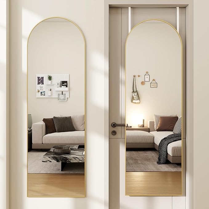 Arched Full Length Door Mirror 14x48, Metal Frame with Protective Film, No-Drilling Hanging or Wall Mount, Hooks & Hardware Included, Full Body Mirror for Bedroom, Dorm, Gold