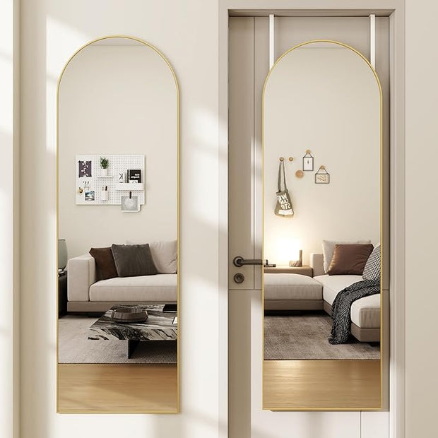 Arched Full Length Door Mirror 14x48, Metal Frame with Protective Film, No-Drilling Hanging or Wall Mount, Hooks & Hardware Included, Full Body Mirror for Bedroom, Dorm, Gold