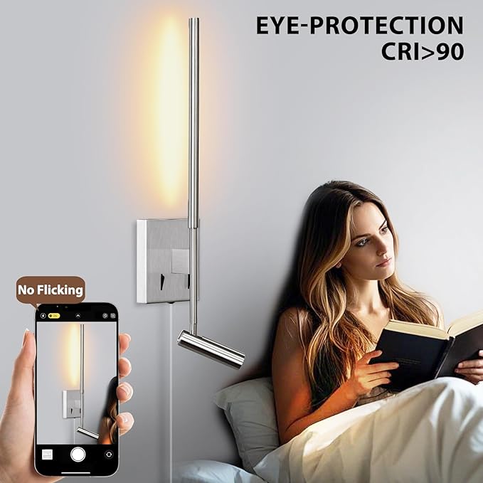 ZEROUNO Modern Plug in Wall Sconce Mounted Wall Reading Light, Corded Brushed Nickel Wall Sconce with On Off Switch, Art Deco Wall Mount Bedside Lamp for Bedroom Living Room Corner etc.