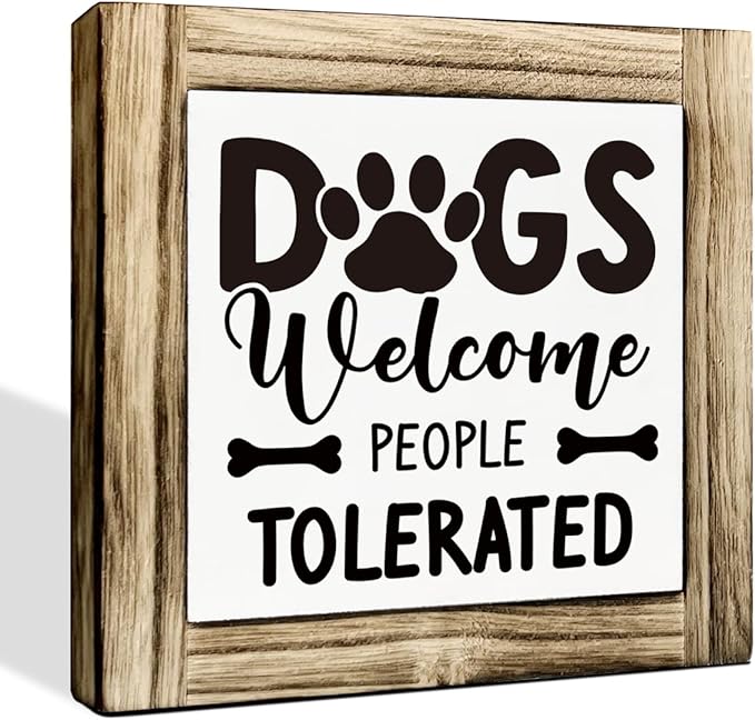 Pet Wood Sign - Dogs Welcomed People Tolerated, Welcome Sign, Box Sign Wood Desk Sign Decor, Funny Dogs Decor, Rustic Decor, Dog Home Decor for Front Door Porch, Gift for Dog Mom, Dog Owner Gift