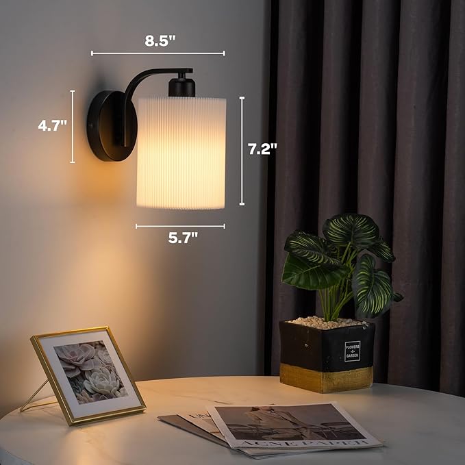 Battery Operated Wall Sconce Set of 2, Rechargeable Wall Sconce with 13000mAh Bulb Pleated Fabric, Wireless Battery Powered Wall Sconces Set of 2 for Bedroom Living Room, Black