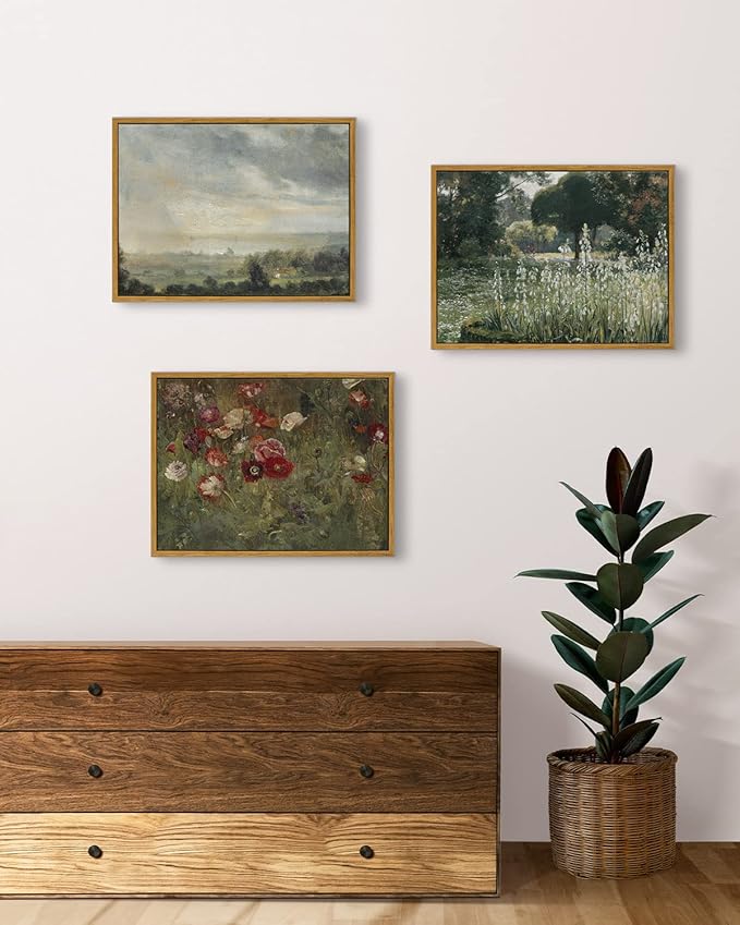 InSimSea Framed Canvas Wall Art Vintage Decor, FLoral Wall Art Decorations Classical Oil Painting Canvas Prints A Bed of Poppies Retro Home Decor Gifts, 12