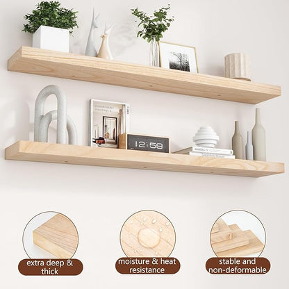 fuqing Natural Wood Floating Shelves, 48 Inch Wood Floating Shelves Set of 2, Natural Raw Wood Shelves for Living Room Bedroom Home Office - Natural