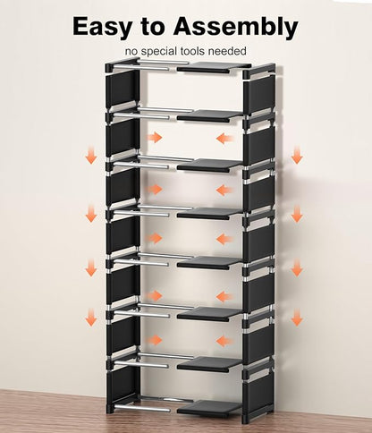Narrow Shoe Rack 8 Tier, Slim Vertical Shoe Organizer for Small Spaces, Stackable Shoe Storage Shelf with Metal Frame & Fabric Shelves, Shoe Rack for Closet Entryway Bedroom