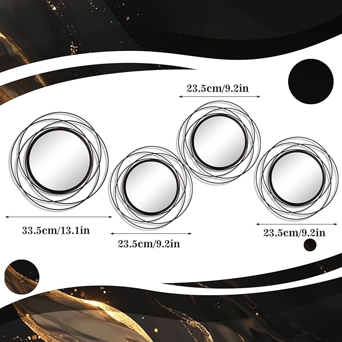 Cityelf 4 Set Mixed Size Black Circle Mirrors Wall Decor Iron Frame Wall Art Round Mirror Home Decor Hanging for Living Room/Bedroom/Bathroom/Entryway