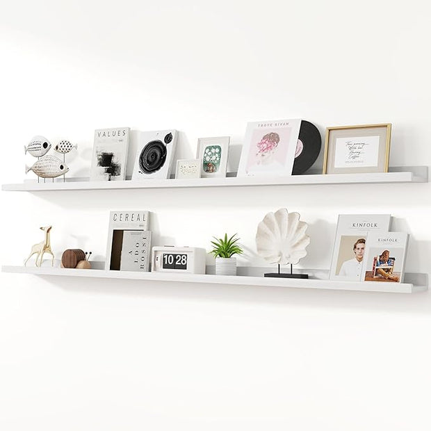 Floating Shelves for Wall, 72 inch Solid Wood Picture Ledge Shelf for Wall Storage, Nursery Book Shelves with Lip for Living Room Bathroom Bedroom Kitchen, Set of 2, Washed White