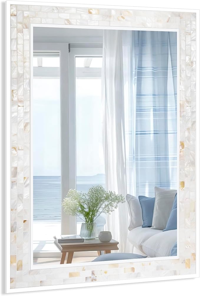 Tanmicoshomy Coastal Bathroom Mirror 24x36 Inch, Mother of PeB0FQ4SCCP3arl Inlay White Mirrors for Bathroom, Bedroom or Living Room