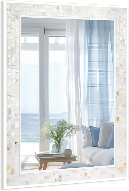 Tanmicoshomy Coastal Bathroom Mirror 24x36 Inch, Mother of PeB0FQ4SCCP3arl Inlay White Mirrors for Bathroom, Bedroom or Living Room