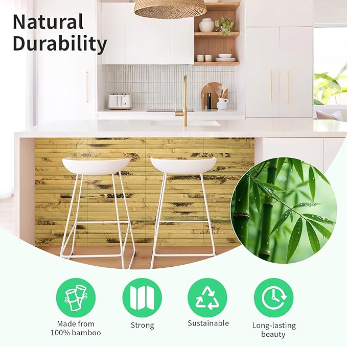 Natural Bamboo Wall Panel for Interior Wall Decor, Renewable Pole Wrap Wainscoting Paneling for Wall Ceiling Furniture Cabinet Office, 12 x 96 Inch, Light Burned