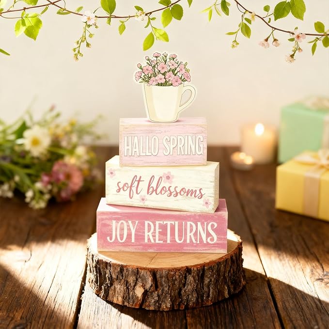 Spring Decoration Wooden Tiered Tray Decor – Rustic Hallo Spring Stacked Block Sign with Flower Cup Topper – Farmhouse Tabletop Spring Decor for Living Room Shelf Kitchen Coffee Bar Seasonal Home Display