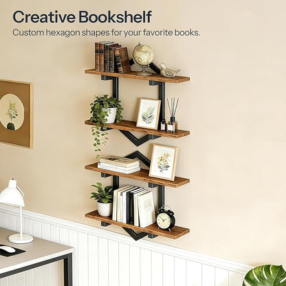 HOOBRO Floating Shelves, 15 Inch Wall Shelf Set of 2, Wall Mounted Storage Shelves 2-Tier, Hanging Bathroom Shelves, for Living Room, Bedroom, Bathroom, Kitchen, Rustic Brown and Black BF13BJP201