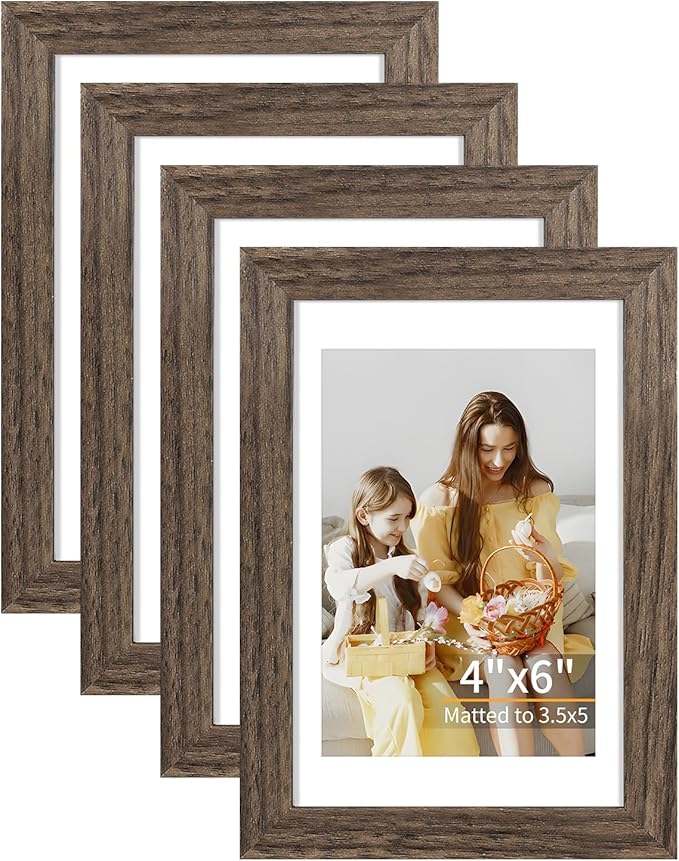 ATOBART 4x6 Picture Frame Set of 4, Displays 3.5x5 with Mat or 4x6 Without Mat, Photo Frames for Wall Hanging or Tabletop, Includes HD Plexiglass, Brown