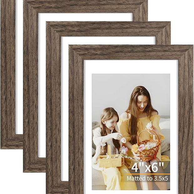 ATOBART 4x6 Picture Frame Set of 4, Displays 3.5x5 with Mat or 4x6 Without Mat, Photo Frames for Wall Hanging or Tabletop, Includes HD Plexiglass, Brown
