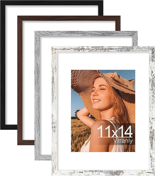 Vittanly 11x14 Picture Frame Set of 4, Display Pictures 8x10 with Mat or 11x14 without Mat, Engineered Wood with Shatter Resistant Plexiglass, Photo Frames for Wall or Tabletop Display, Mixed Colors