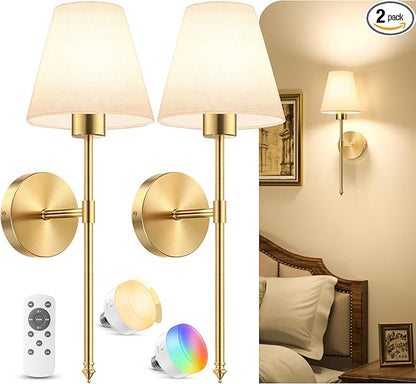 VOLISUN Battery Operated Wall Sconces Set of Two, Wireless Wall Sconces with Remote and Dimmable Bulbs, 9 Colors Battery Powered Wall Lights, Gold Rechargeable Wall Lamps for Bedroom (19.7 inch)