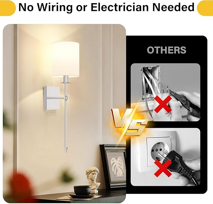 27 Inch Battery Operated Wall Sconces Set of 2 with Remote, Brushed Nickel Rechargeable Wireless Wall Lights with White Fabric Shade, Cordless Wall Lamps with Dimmable Detachable Bulbs for Bedroom