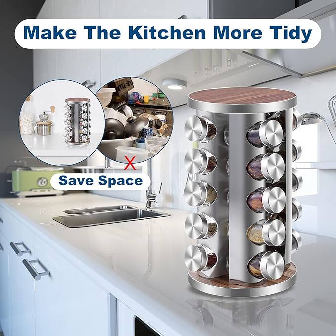 WAYDA Rotating Spice Rack Organizer, 20 Jars Revolving Seasoning Organizer for Cabinet, Stainless Steel Spice Tower for Kitchen Countertop with Reuseable Labels and Funnel