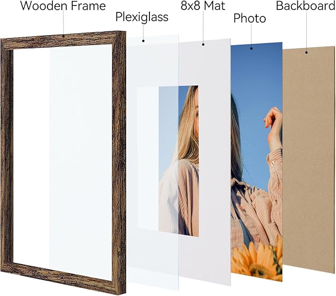 Vittanly 12x12 Picture Frames Set of 4, Display Pictures 8x8 with Mat or 12x12 without Mat, Gallery Frame for Wall Display, Engineered Wood with Shatter Resistant Plexiglass, Rustic Brown