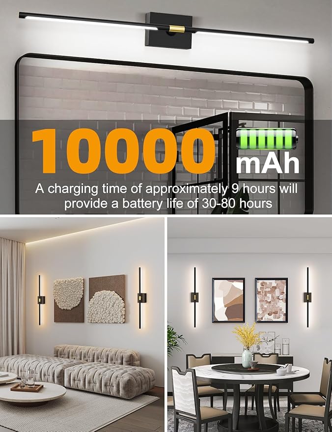 Battery Operated Wall Sconces Set of 2, 10000mAh Rechargeable Wall Lights, Easy Install 360° Rotate 3000K-6000K LED Wireless Wall Light Decor for Bedroom Living Room Hallway Picture Lighting Gallery