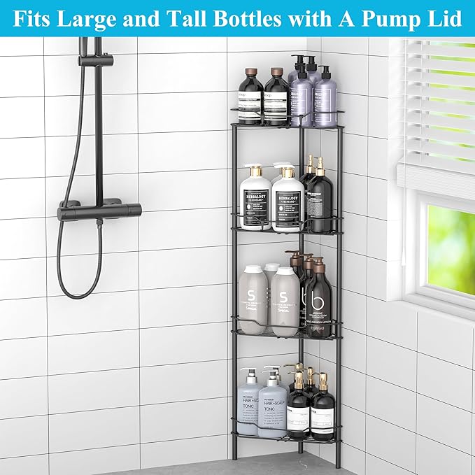 4 Tier Floor Standing Corner Shower Caddy Organizer Shelf with Hooks, Bathroom Shelves Stand Rack, Matt Black