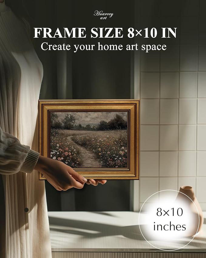 HUARCEY Gold Framed Vintage Wall Art for Living Room, Flowers Painting Prints Shelf Decor for Kitchen, Landscape Bedroom Wall Art, Christmas Gifts for Friends or Family (Flowers Path - 8