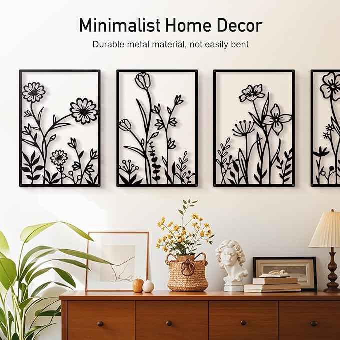 Sokurdeg Black Metal Flowers Wall Decor, Minimalist Floral Wall Hanging Art, Black Abstract Line Wall Art Sculptures for Bedroom Bathroom Living Room (4 Pcs, 12 x 17 in)