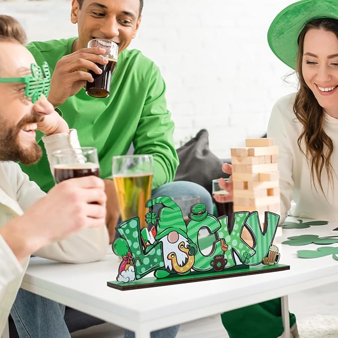 St Patricks Day Decor for Table Irish Lucky Decoration Leprechaun Wooden Centerpieces Rustic Farmhouse Sign for Tabletop Home Shelf Office St Patricks Day Party Decoration Green