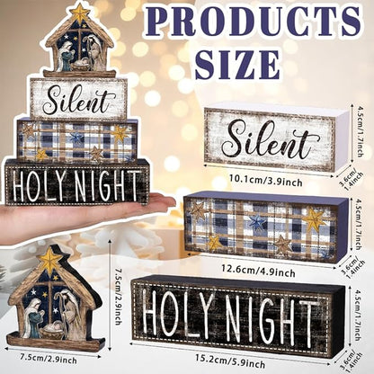 DIYDEC 4Pcs Christmas Table Decoration Christmas Jesus Wooden Block Sign Xmas Tiered Tray Decor Winter Centerpiece Decorative Sign for Holiday Tabletop Coffee Fireplace Shelf Desk Party Decor