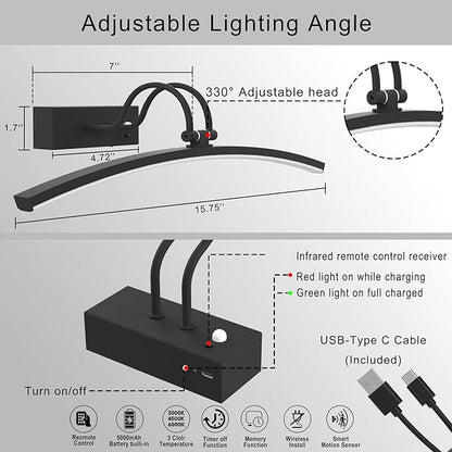 PAIHOME Lights for Pictures on Wall, Rechargeable Magnetic Picture Light with Smart Motion Sensor, Remote Dimmable & Timer, ‌16in Wireless Black Art Lighting for Paintings Gallery Portraits