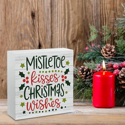 Christmas Decor Christmas Sign Decorations for Home Mistletoe Kisses Xmas Wishes Sign for Home Office Desk Table Cubicle Shelf Xmas Desk Accessories 5 x 5 inch