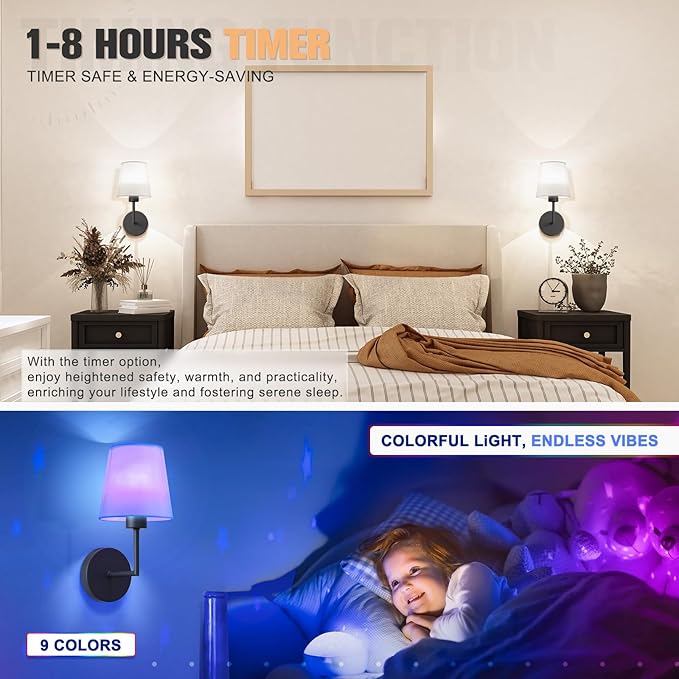 VOLISUN Battery Operated Wall Sconce Set of Two,Black Wireless Sconces Set of 2 Rechargeable,Battery Operated Wall Lights for Bedroom Living Room Hallway(9 Colors)