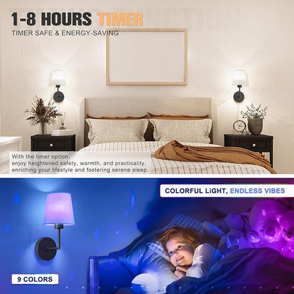 VOLISUN Battery Operated Wall Sconce Set of Two,Black Wireless Sconces Set of 2 Rechargeable,Battery Operated Wall Lights for Bedroom Living Room Hallway(9 Colors)